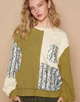 POL Exposed Seam Floral Patch Color Block Round Neck Sweatshirt