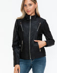 Snobbish Faux Leather Zip Up Mock Neck Jacket