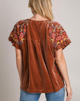 Umgee Velvet Embroidery Short Sleeve Blouse