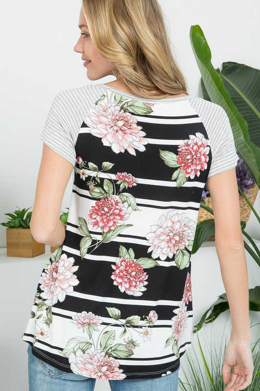 Floral Strip Mix Baseball Top - Online Only