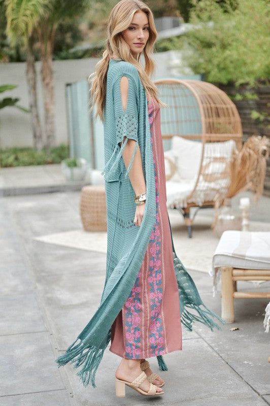 Davi &amp; Dani Solid Long Cardigan With Fringe