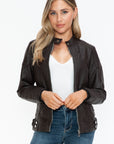 Snobbish Faux Leather Biker Jacket with Side Zip Pockets