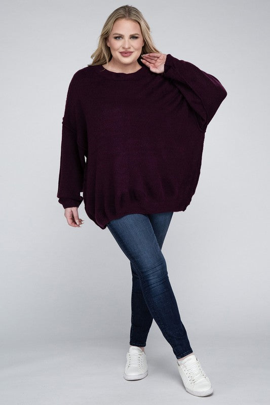 Zenana Plus Oversized Round Neck Raw Seam Melange Sweater