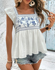 Embroidered Square Neck Cap Sleeve Blouse
