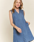 ADORA Notched Sleeveless Denim Dress with Pockets