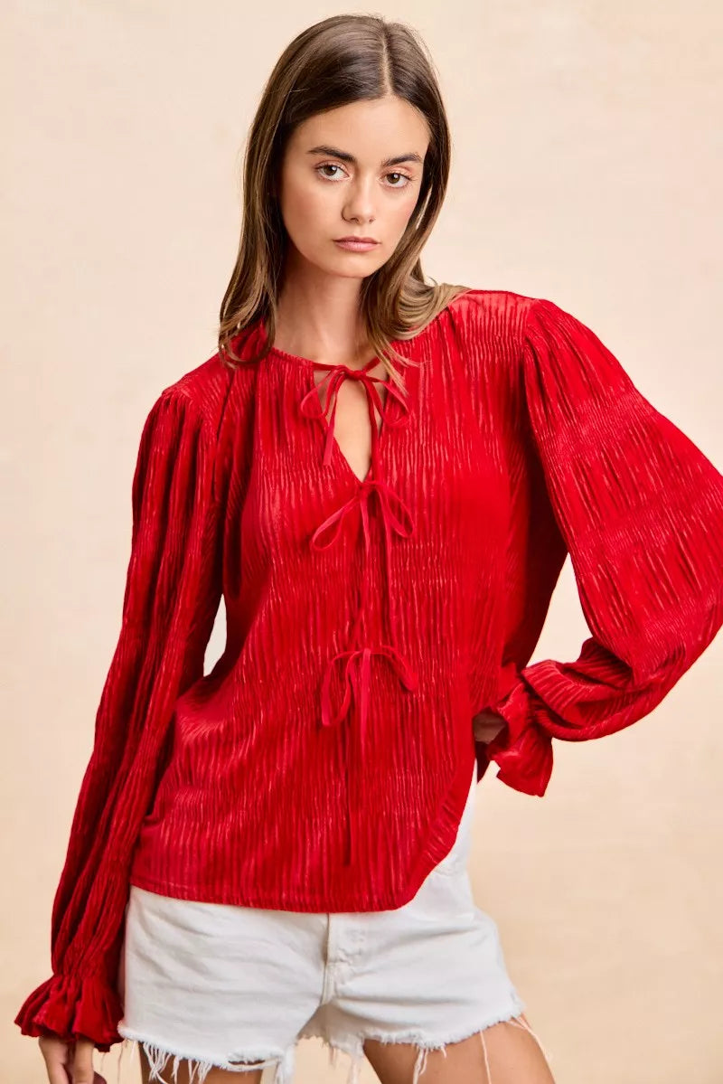 BiBi Christmas Theme Velvet Bow Tied Top With Neck Drop