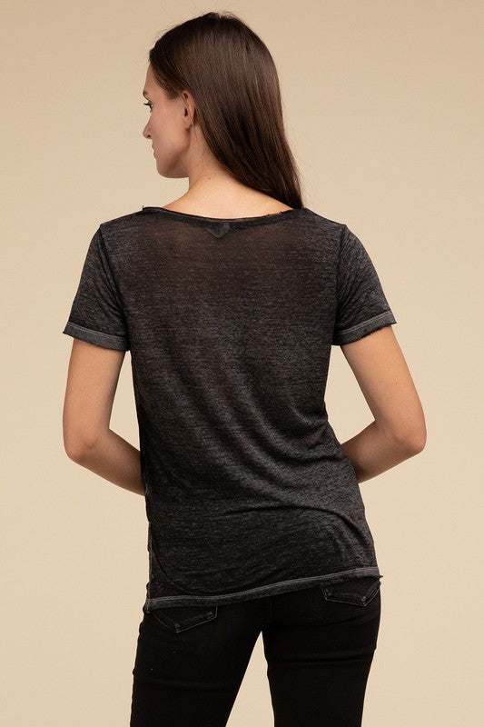 ZENANA Washed Melange Burnout Scoop V-Neck Top