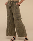 ZENANA Washed Linen Elastic Band Waist Cargo Pants