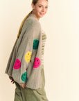 Davi & Dani Fuzzy Smile Open Front Long Sleeve Cardigan