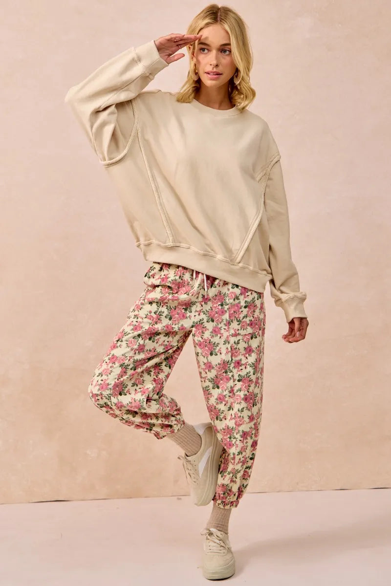BiBi Floral Printed Twill Drawstring Pants With Elastic Band