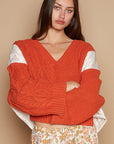 POL Cable Knit Quilting Patch V-Neck Contrast Sweater