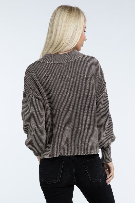 ZENANA Washed Collared Henley Sweater