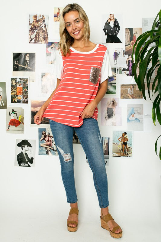 e Luna PLUS Big Striped Sequin Pocket Top