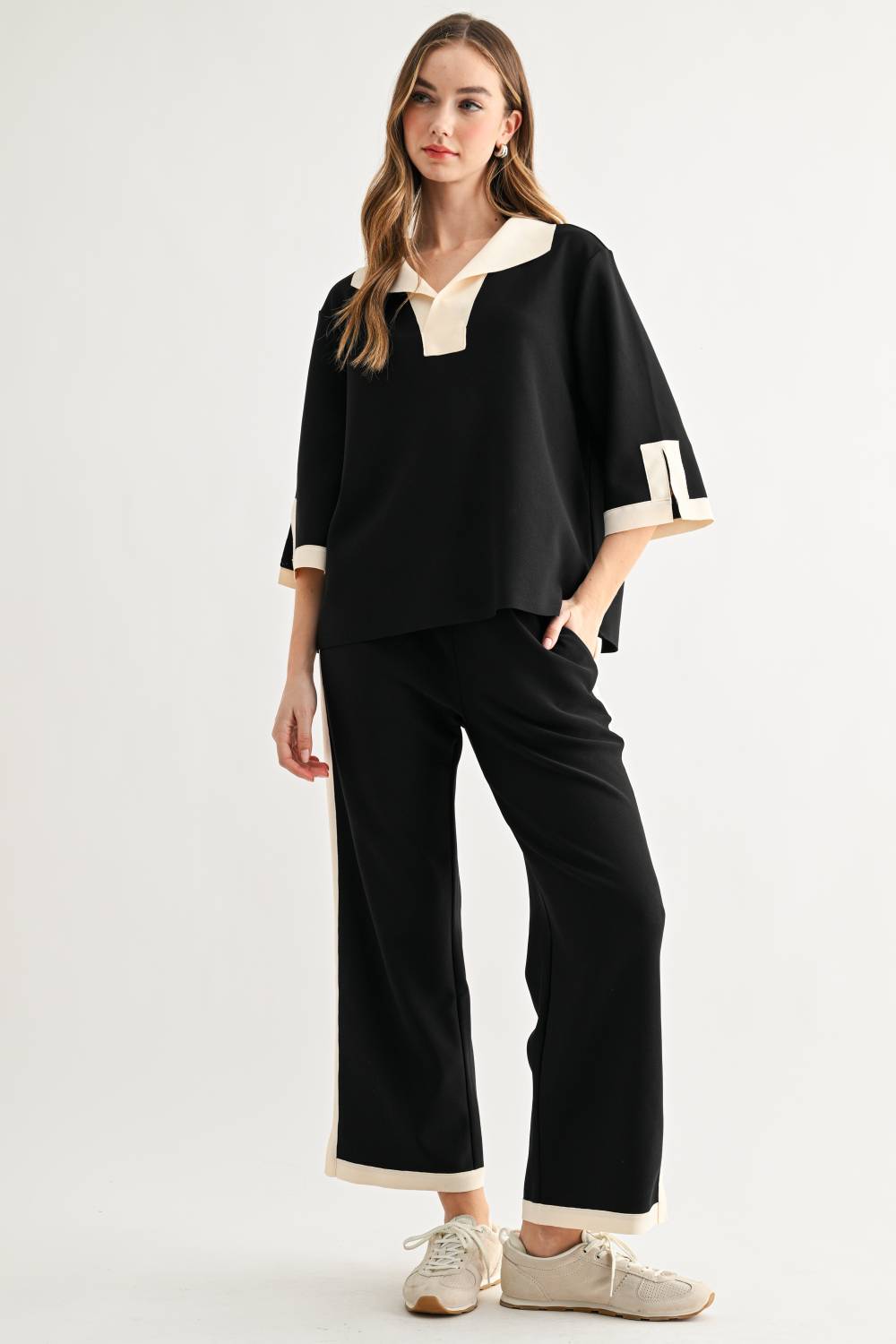 JOH Apparel Katherine Contrast Collar Stretch Knit Top