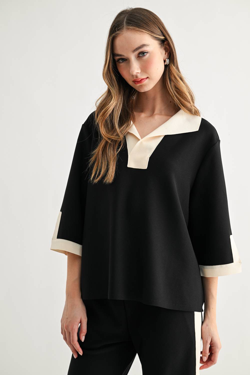 JOH Apparel Katherine Contrast Collar Stretch Knit Top