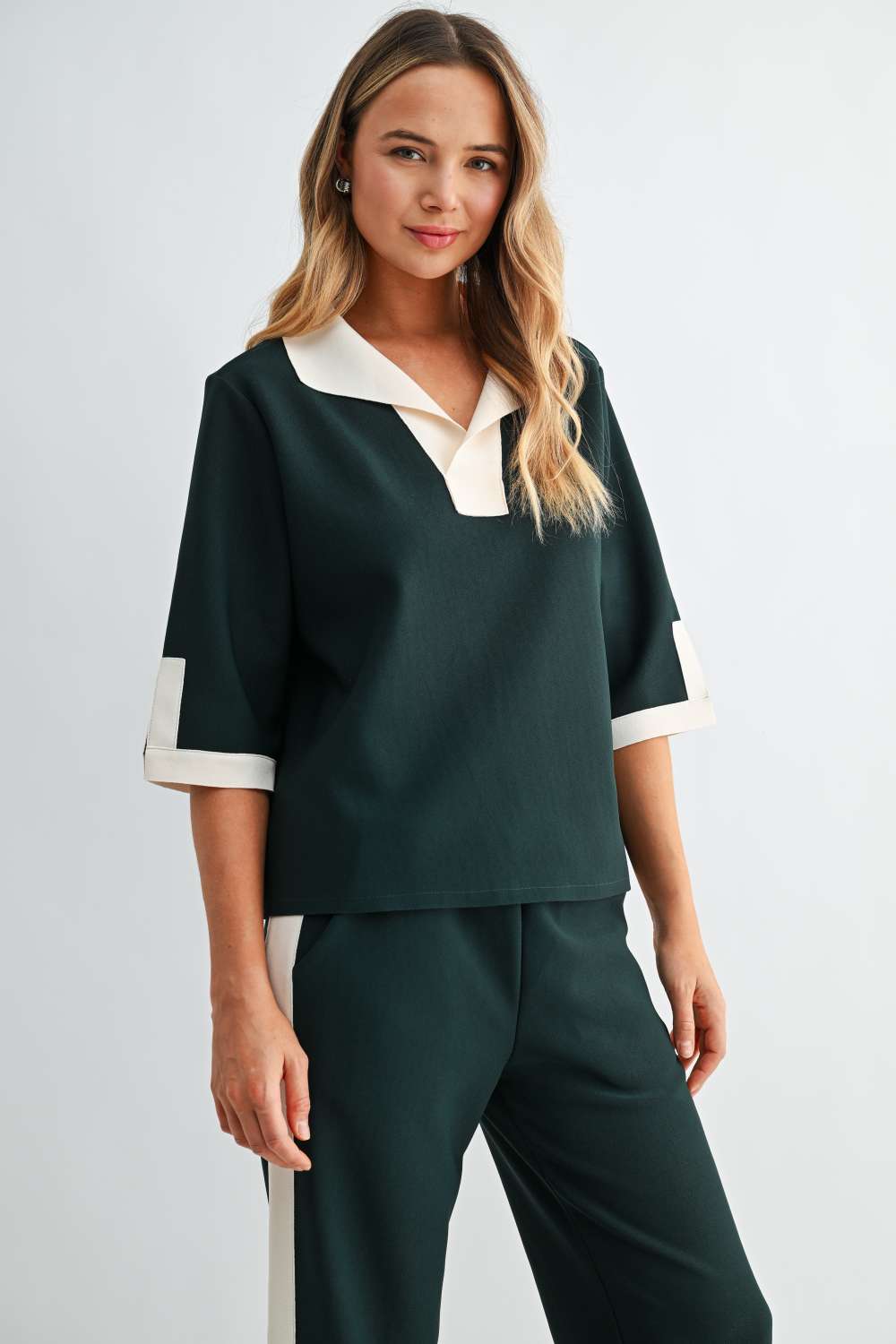 JOH Apparel Katherine Contrast Collar Stretch Knit Top