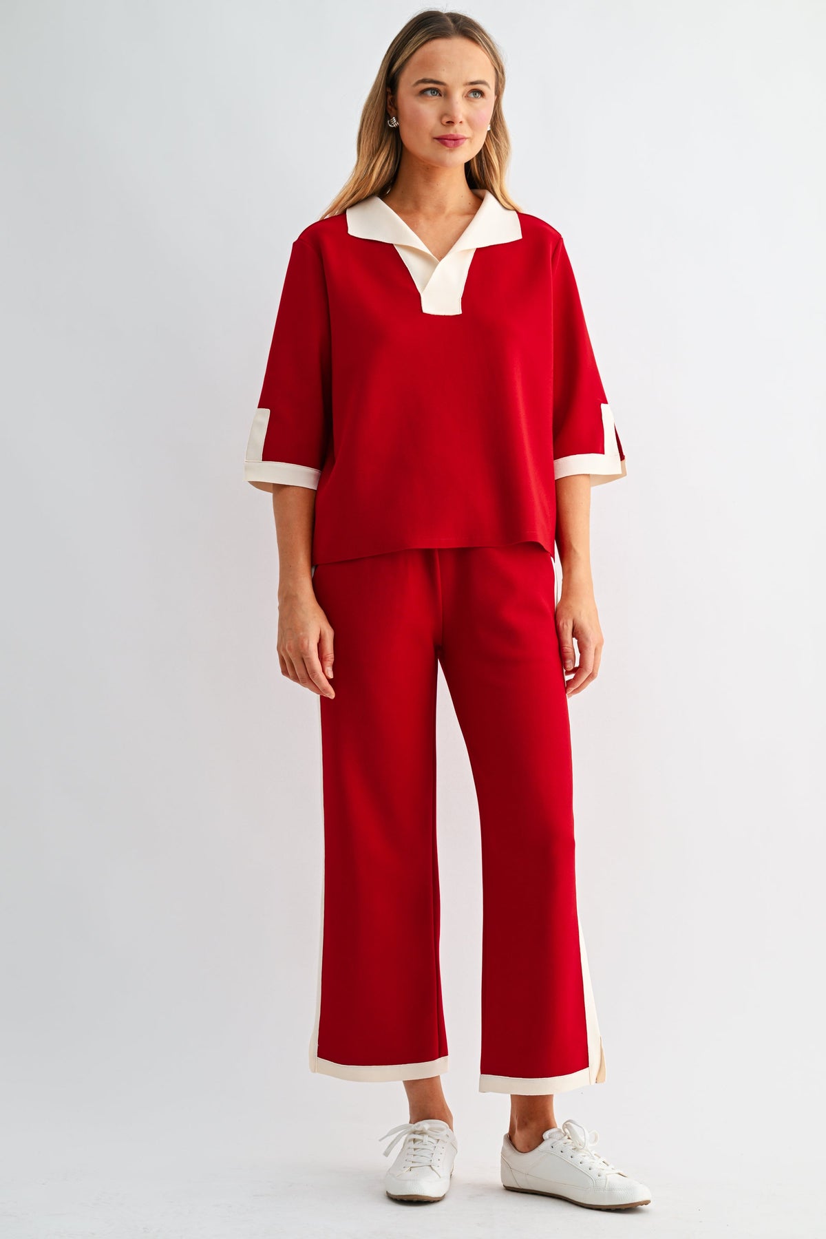 JOH Apparel Katherine Contrast Collar Stretch Knit Top