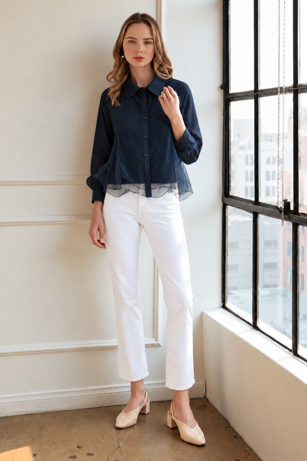 JOH Apparel Camila Cotton Poplin & Mesh Organza Blouse