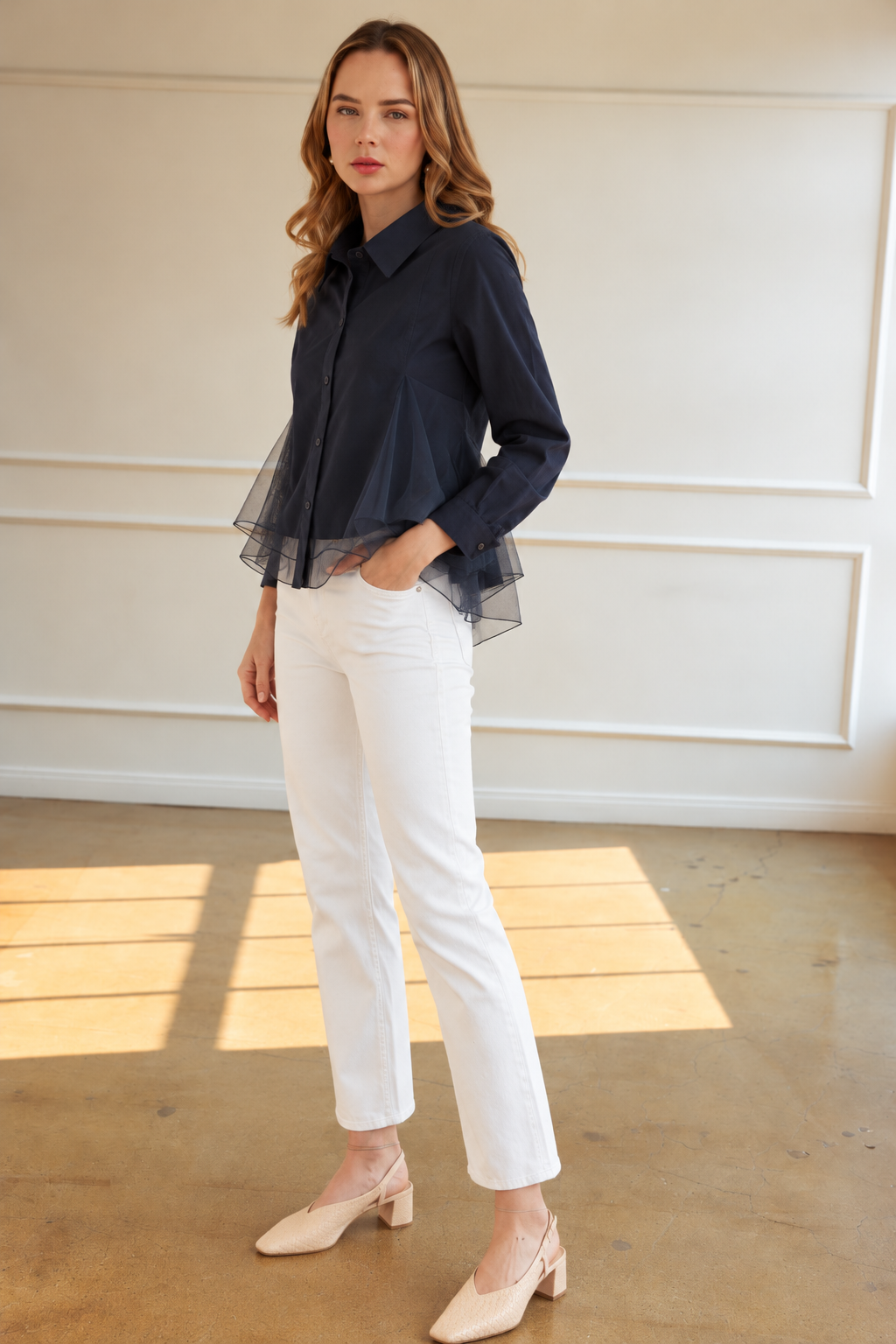 JOH Apparel Camila Cotton Poplin & Mesh Organza Blouse