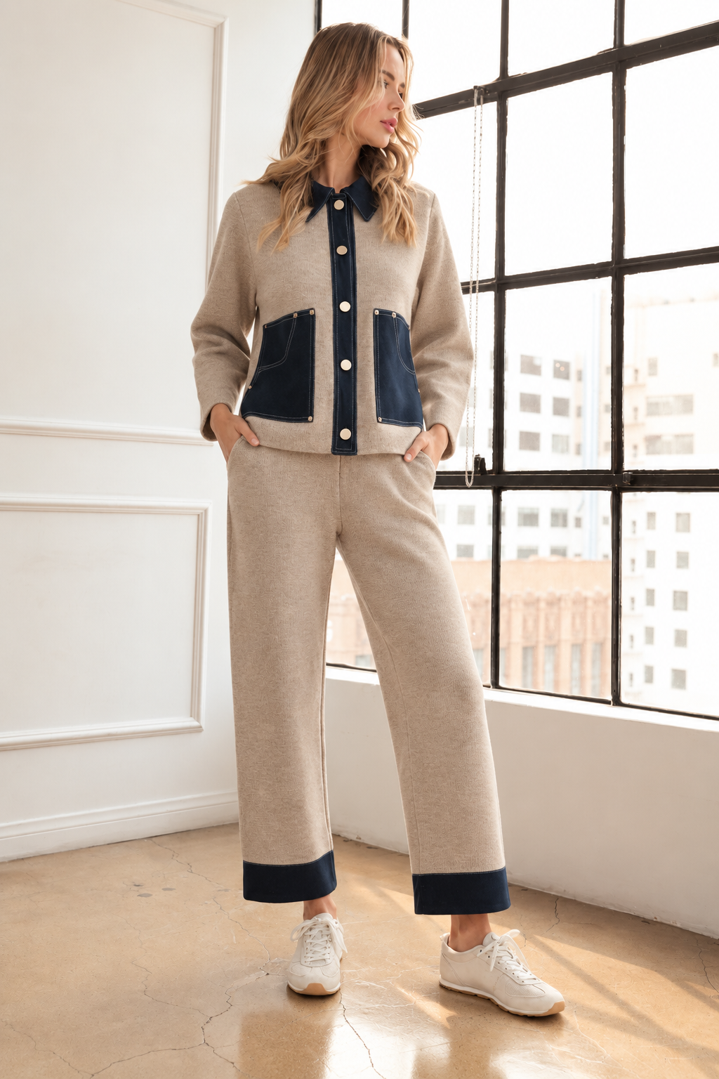 JOH Apparel Sam Textured Knit Jacket with Denim Contrast