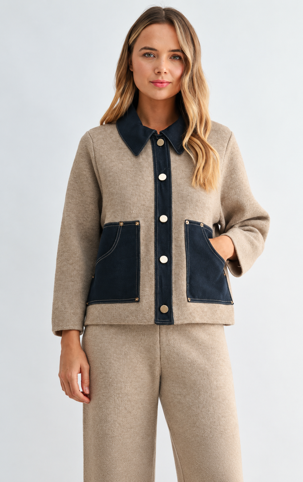 JOH Apparel Sam Textured Knit Jacket with Denim Contrast