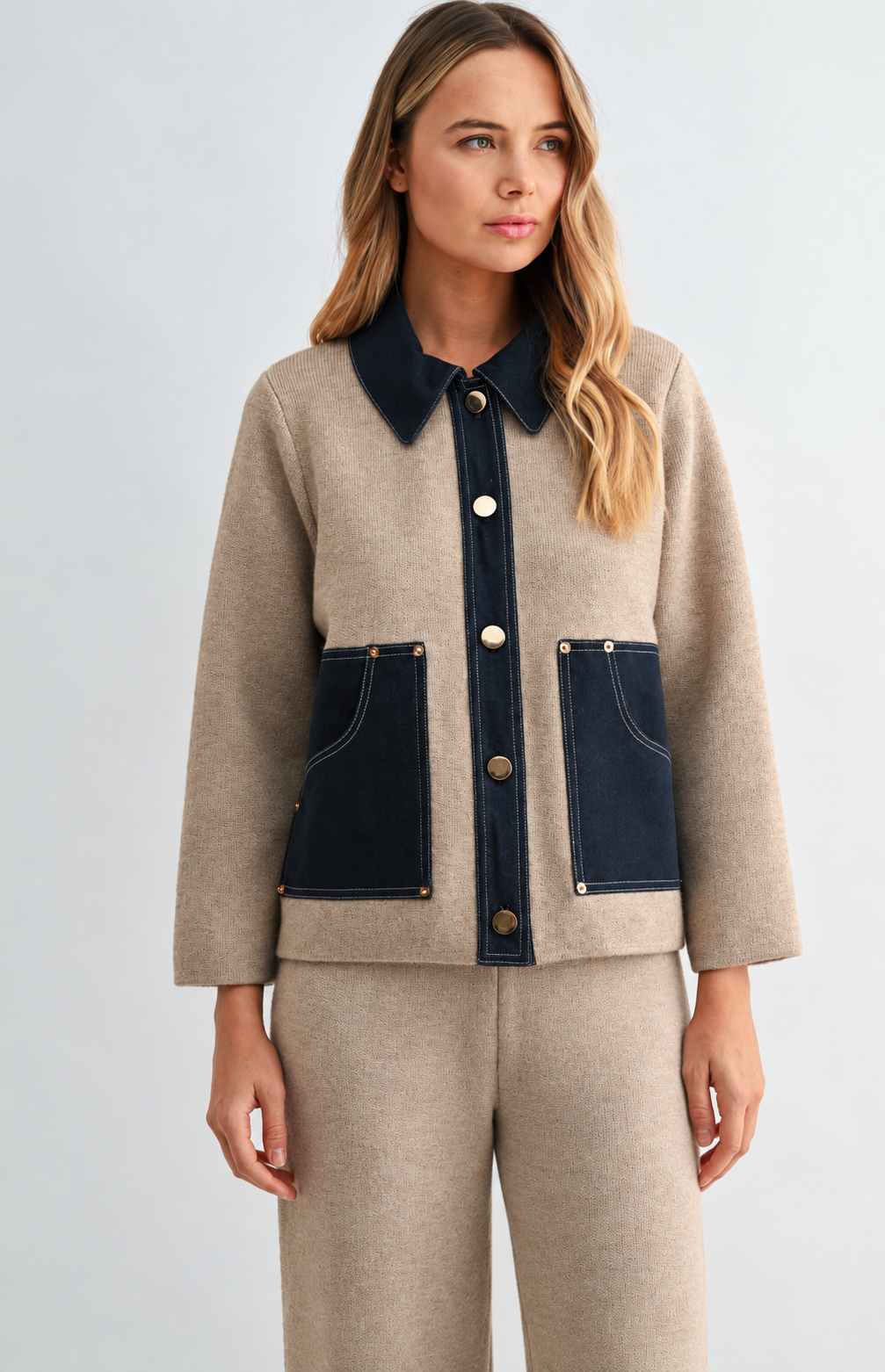 JOH Apparel Sam Textured Knit Jacket with Denim Contrast