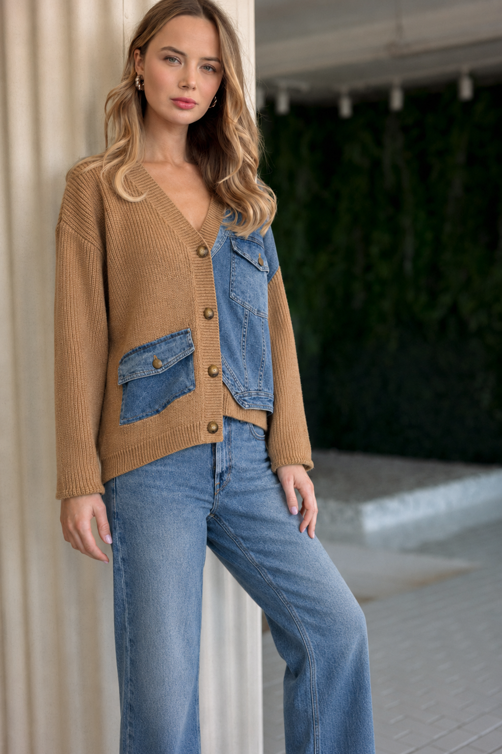 JOH Apparel Dana Denim Patchwork Knit Cardigan