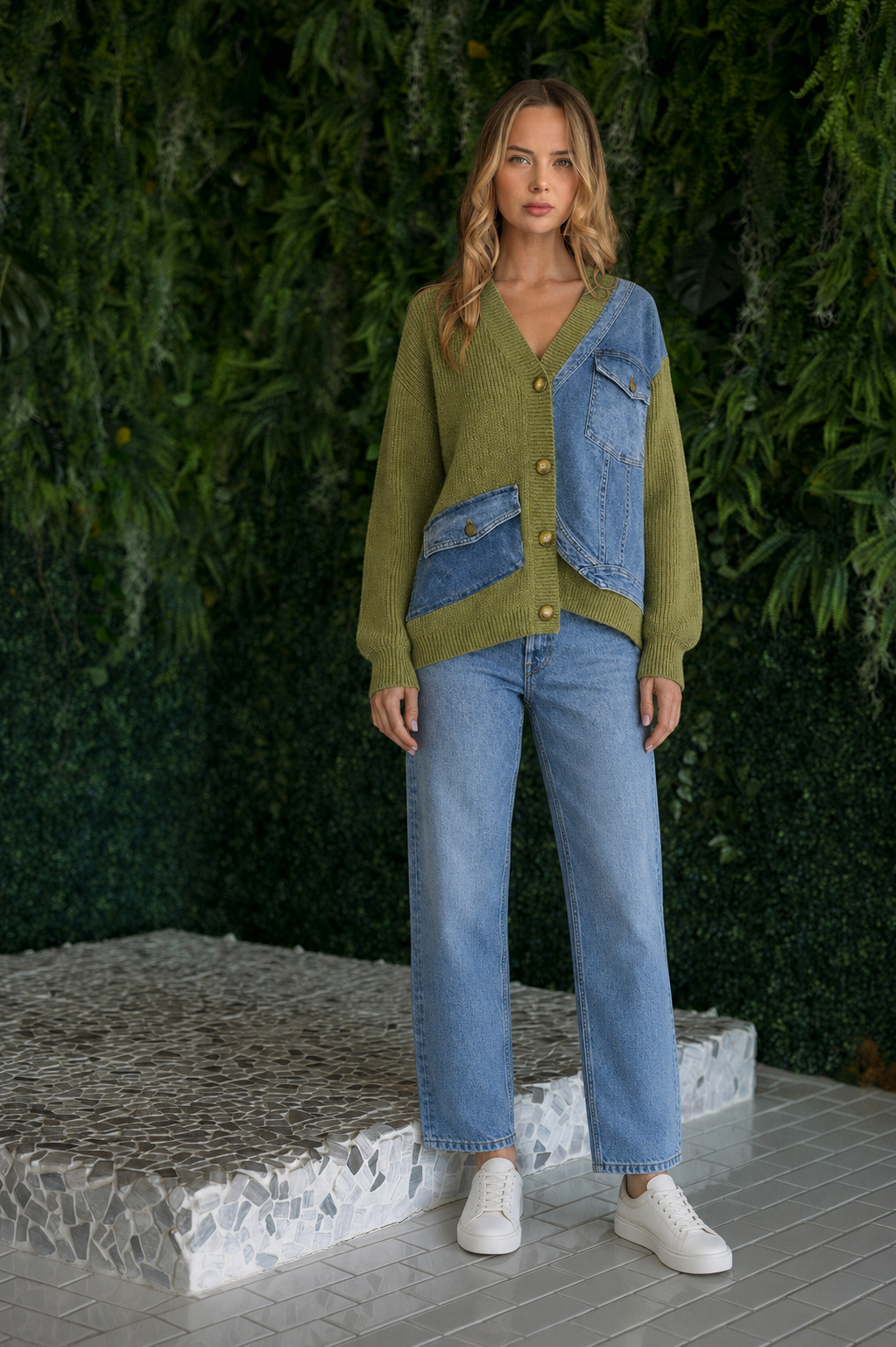 JOH Apparel Dana Denim Patchwork Knit Cardigan