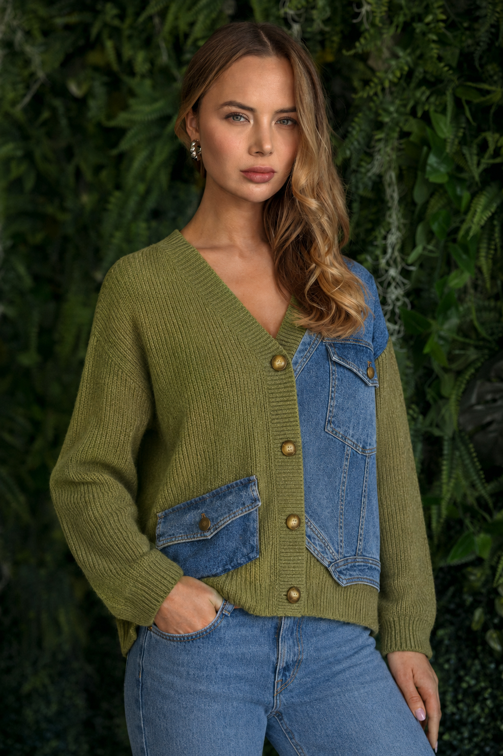 JOH Apparel Dana Denim Patchwork Knit Cardigan