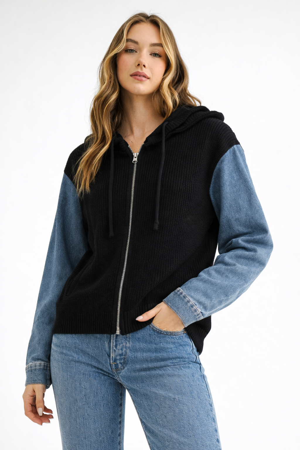 JOH Apparel Dylan Ribbed Knit & Denim Hooded Jacket
