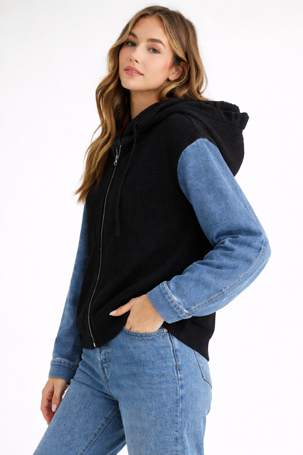 JOH Apparel Dylan Ribbed Knit & Denim Hooded Jacket