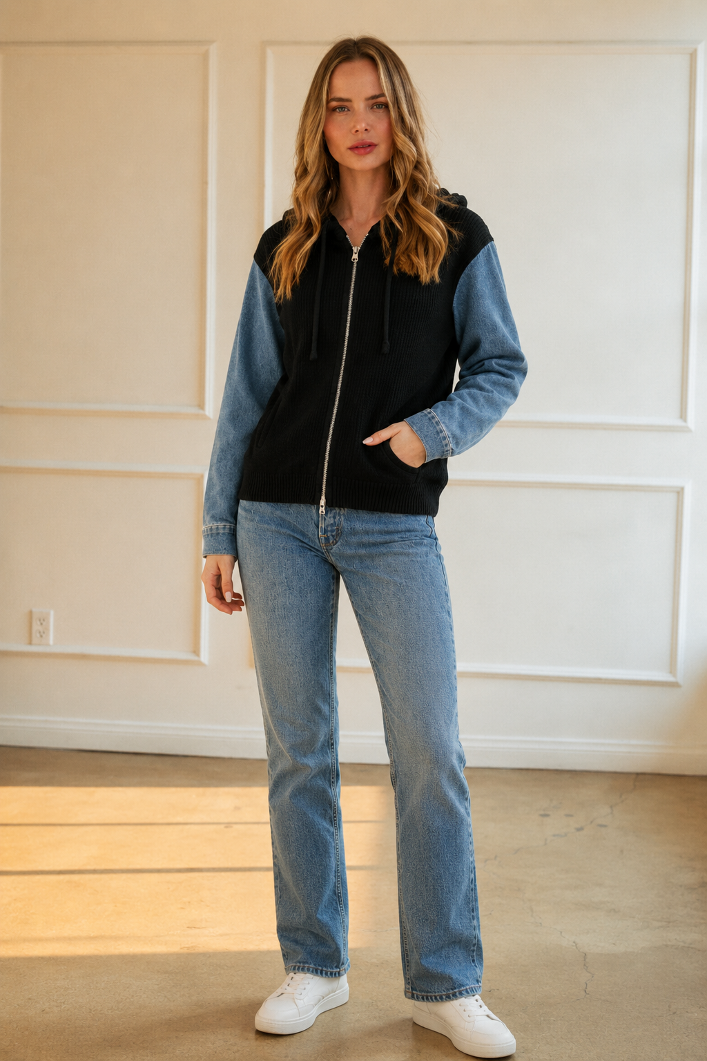 JOH Apparel Dylan Ribbed Knit & Denim Hooded Jacket