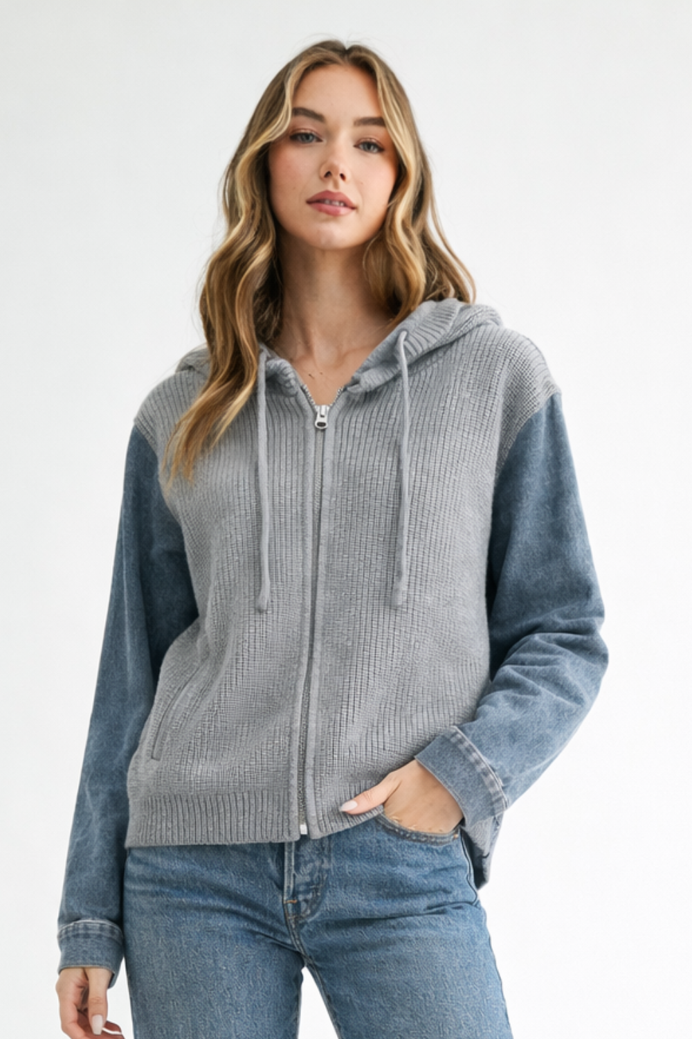 JOH Apparel Dylan Ribbed Knit & Denim Hooded Jacket