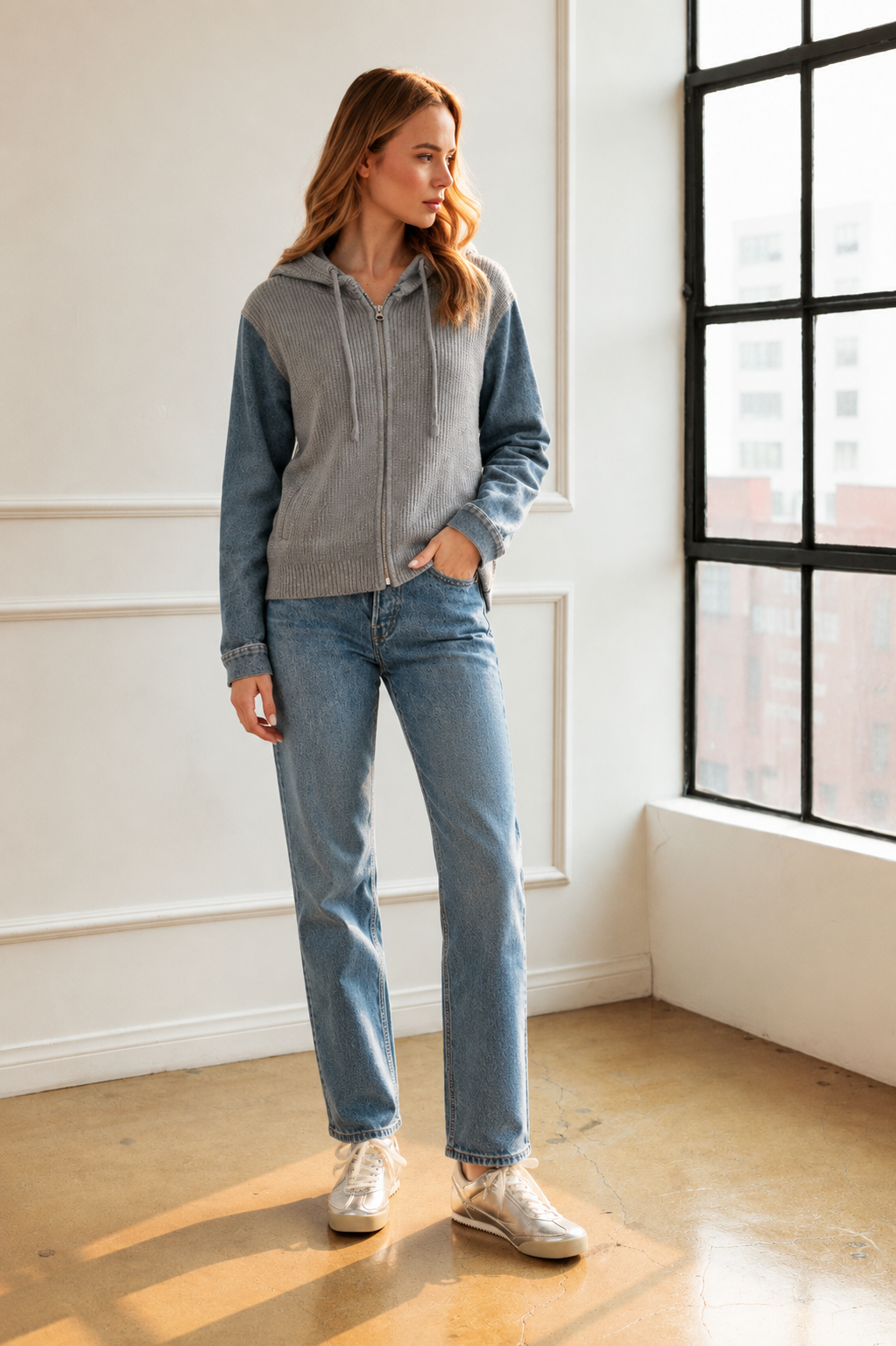 JOH Apparel Dylan Ribbed Knit & Denim Hooded Jacket