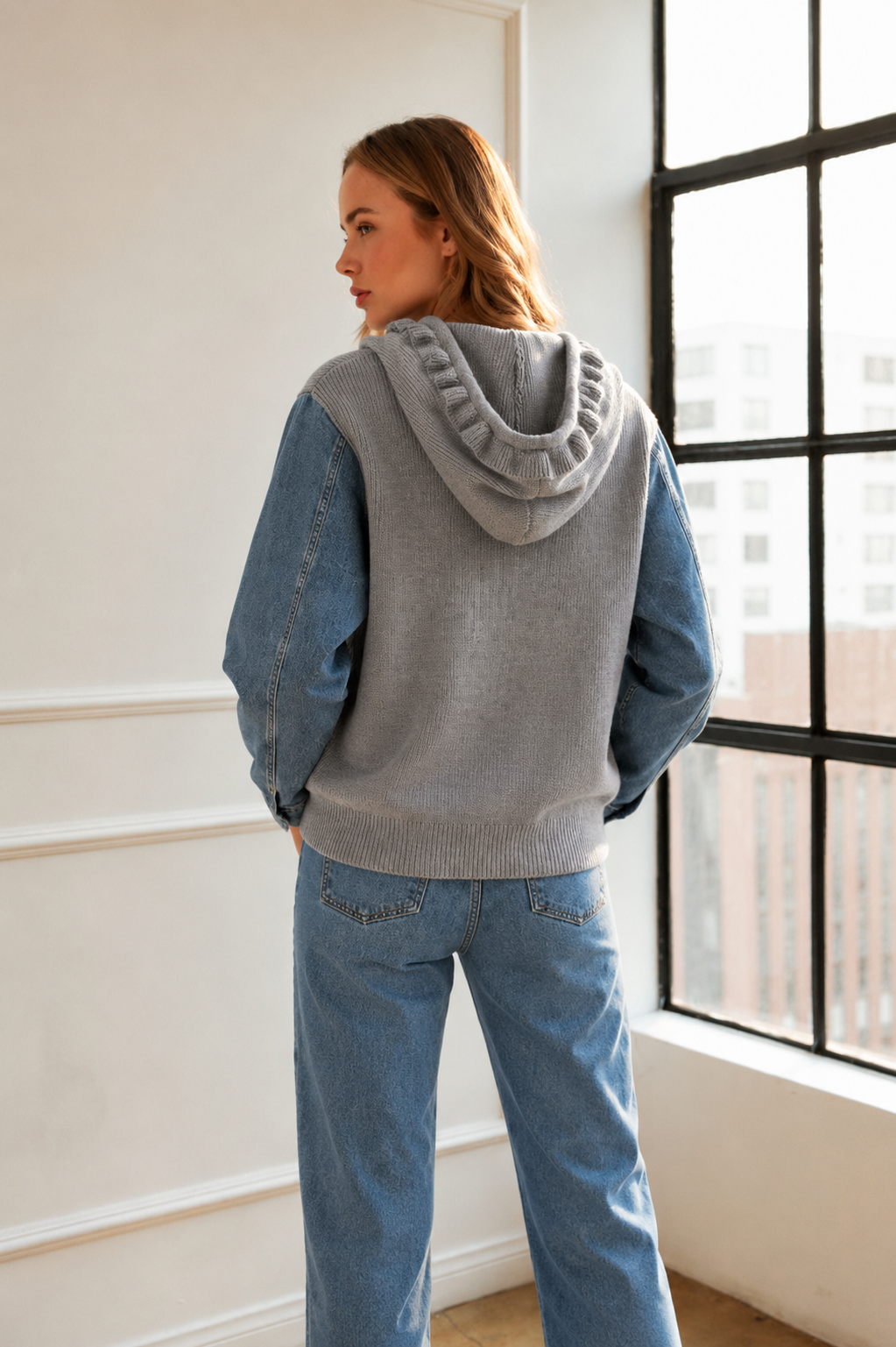 JOH Apparel Dylan Ribbed Knit & Denim Hooded Jacket