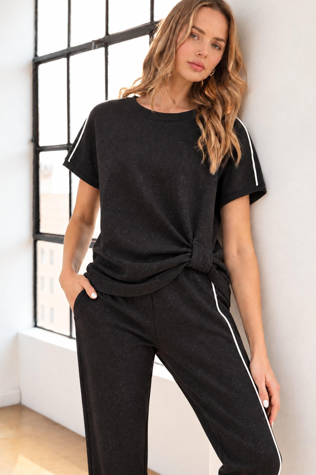 JOH Apparel Fenne Glitter Scuba Knit Side-Knot Top