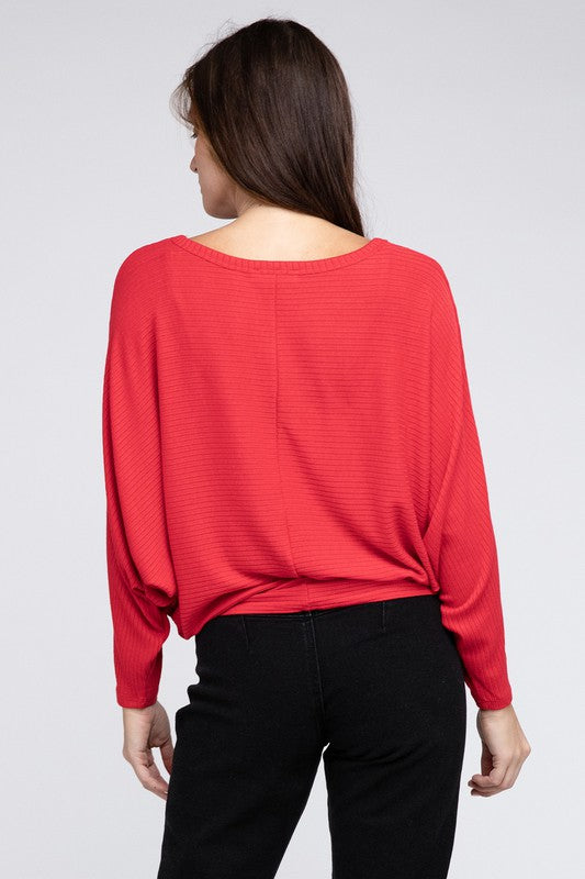 Zenana Ribbed Batwing Long Sleeve Boat Neck Sweater