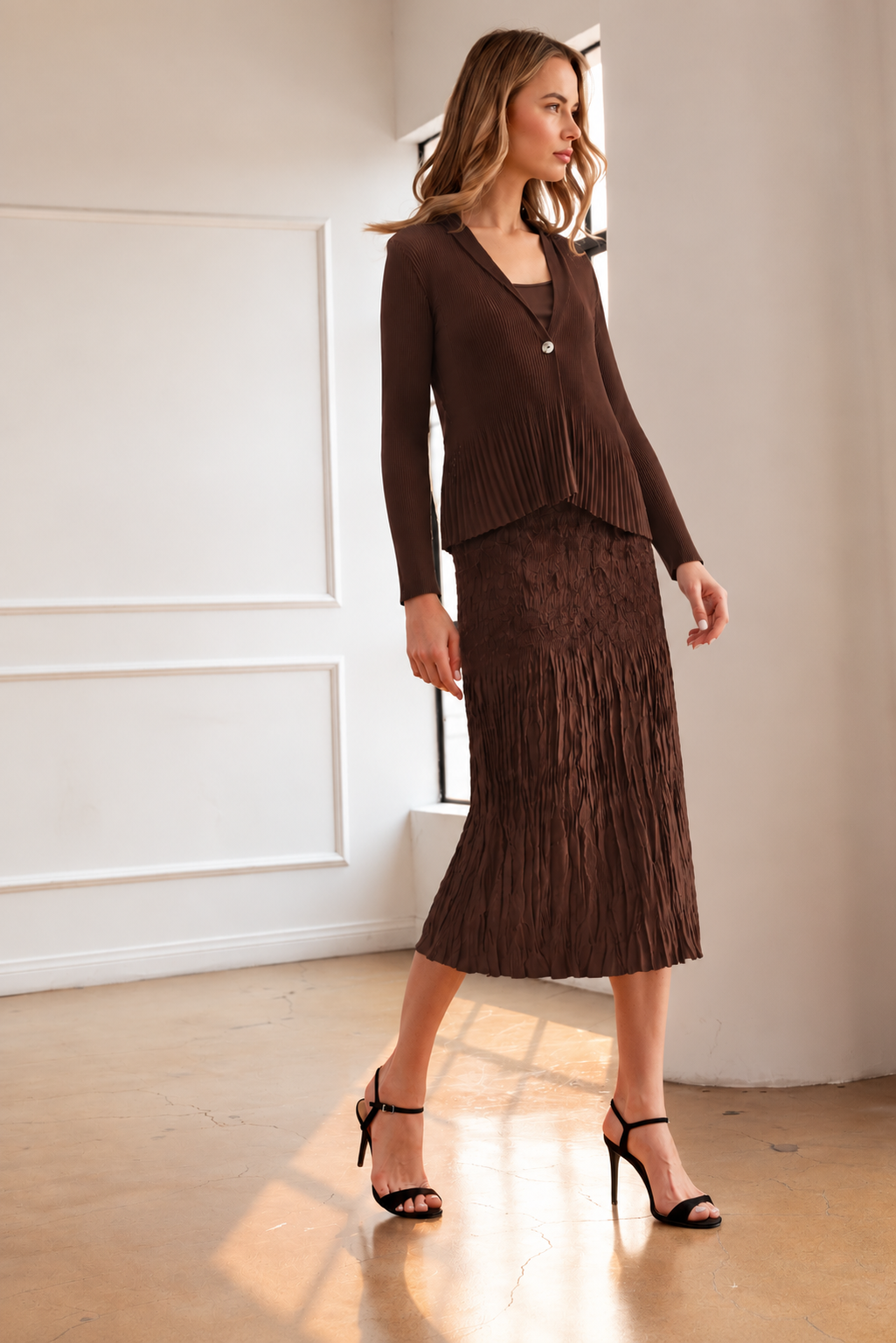 JOH Apparel Connor Crinkle Pleated Smocked Midi Skirt