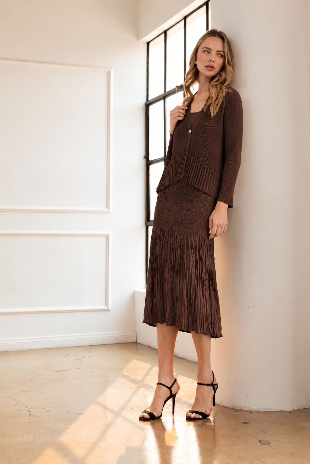 JOH Apparel Cira Accordion Pleated V-Neck Top & Cardigan