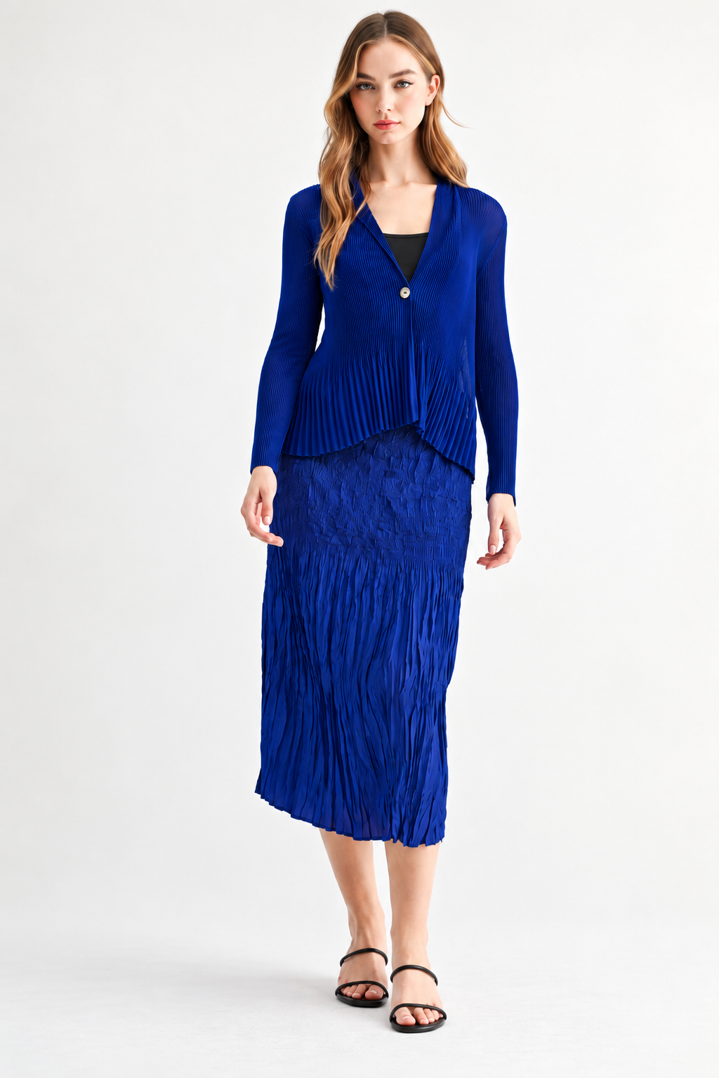 JOH Apparel Cira Accordion Pleated V-Neck Top & Cardigan
