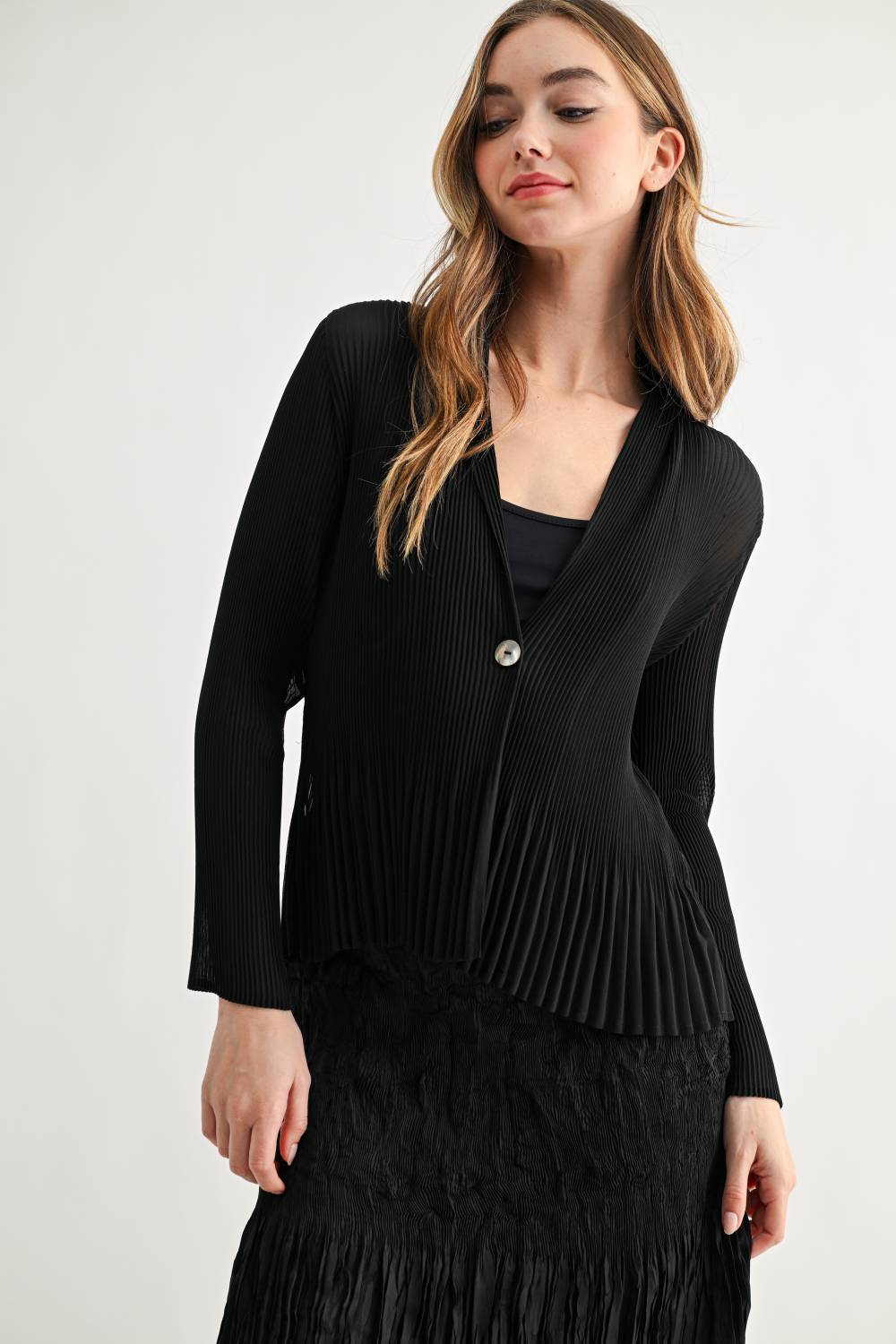 JOH Apparel Cira Accordion Pleated V-Neck Top & Cardigan