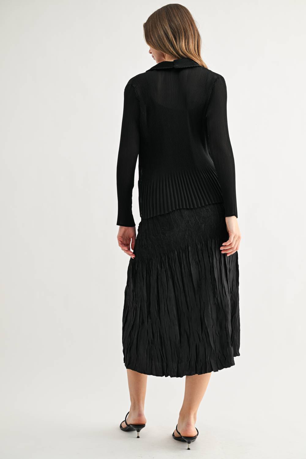 JOH Apparel Cira Accordion Pleated V-Neck Top & Cardigan