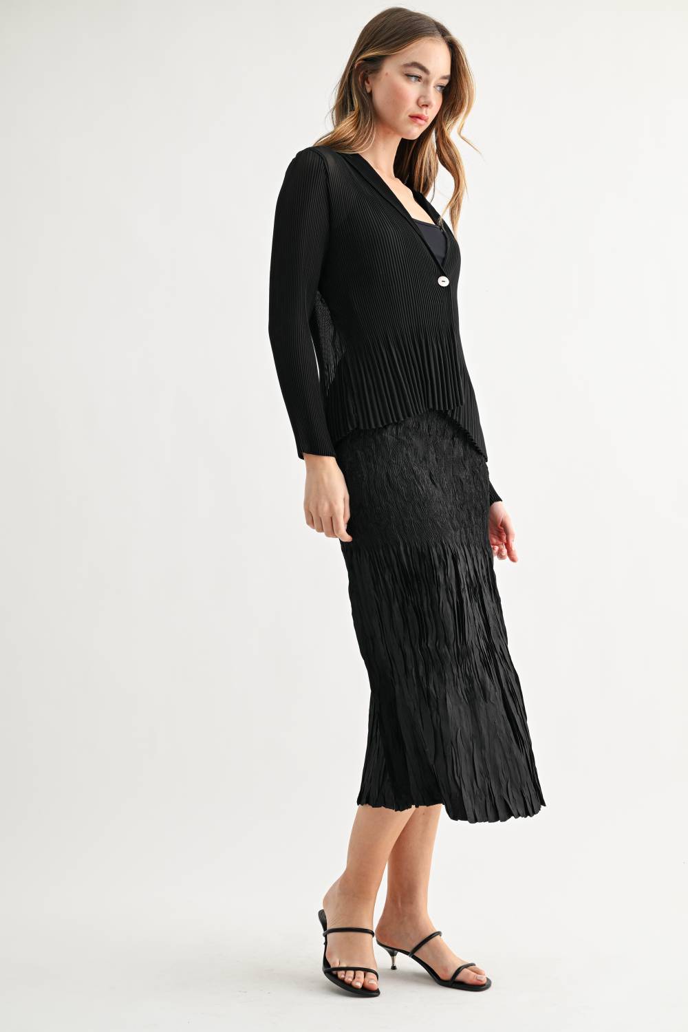 JOH Apparel Cira Accordion Pleated V-Neck Top & Cardigan