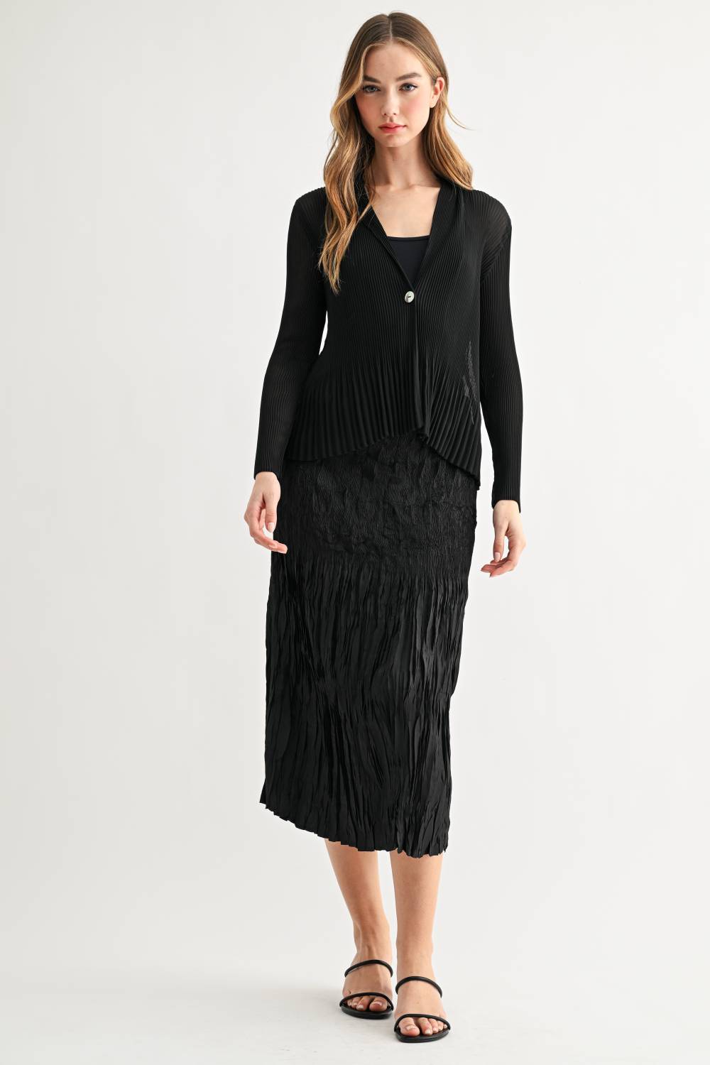 JOH Apparel Cira Accordion Pleated V-Neck Top & Cardigan