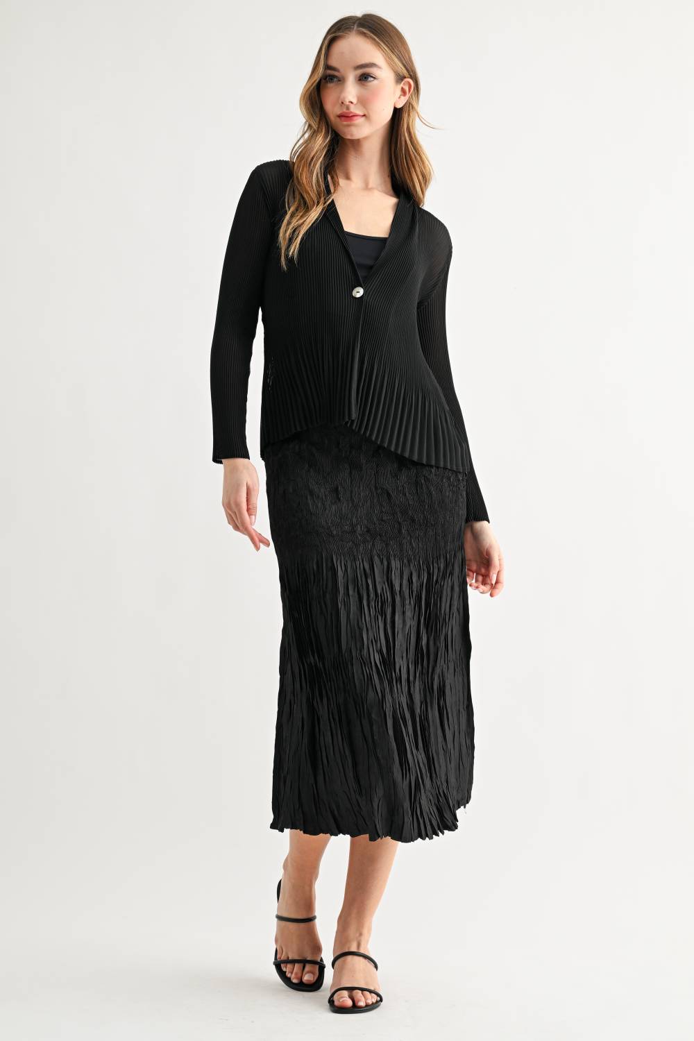 JOH Apparel Cira Accordion Pleated V-Neck Top & Cardigan