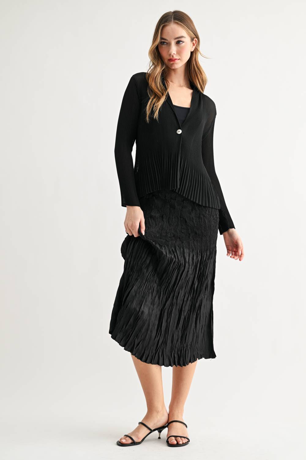 JOH Apparel Cira Accordion Pleated V-Neck Top & Cardigan