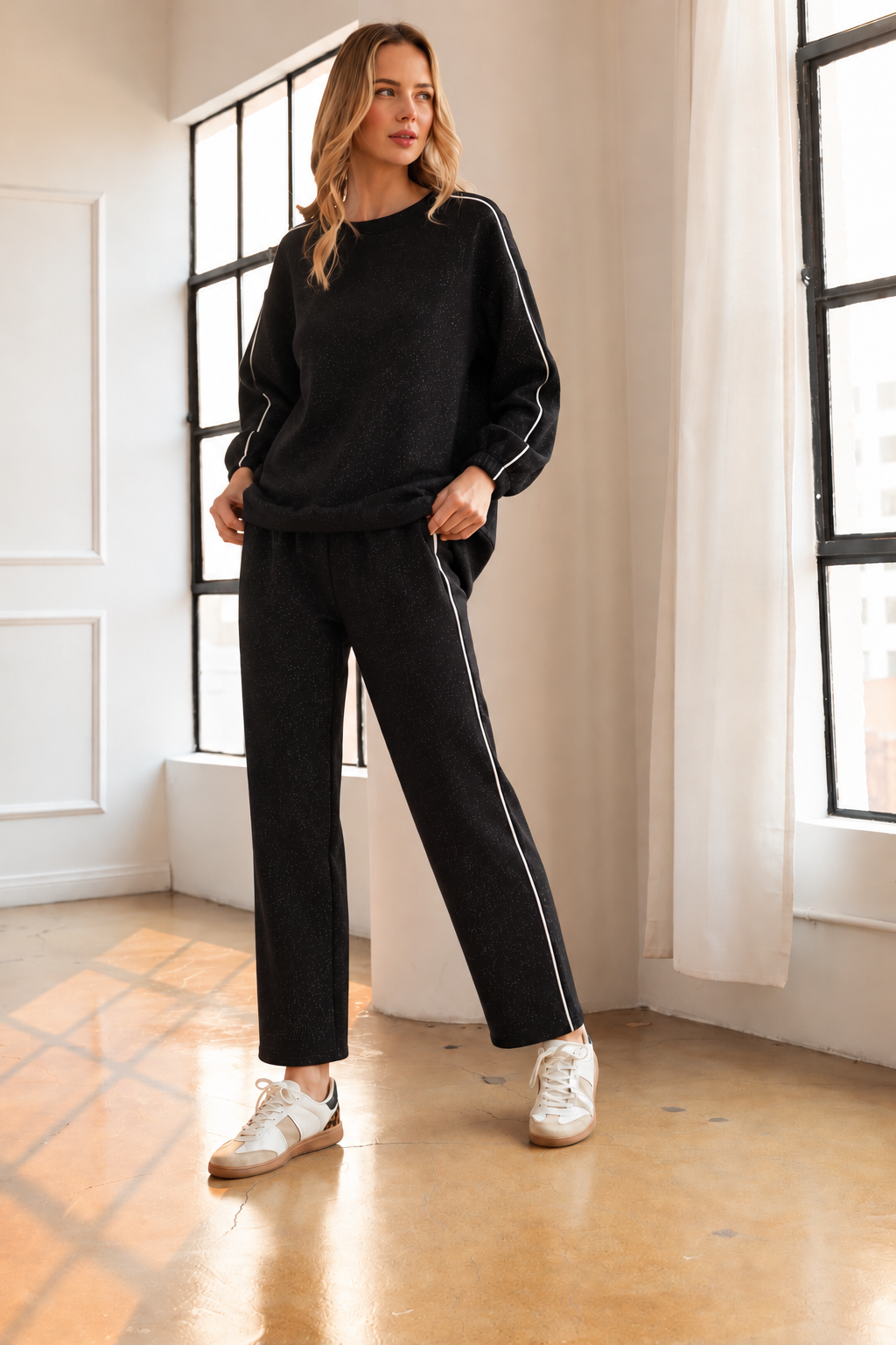 JOH Apparel Floriane Glitter Scuba Knit Long Sleeve Top