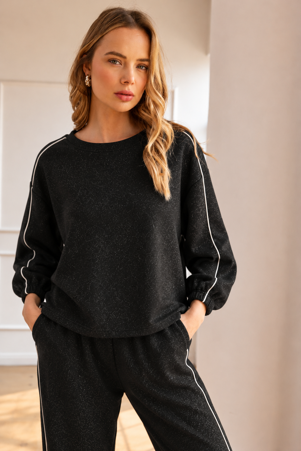 JOH Apparel Floriane Glitter Scuba Knit Long Sleeve Top