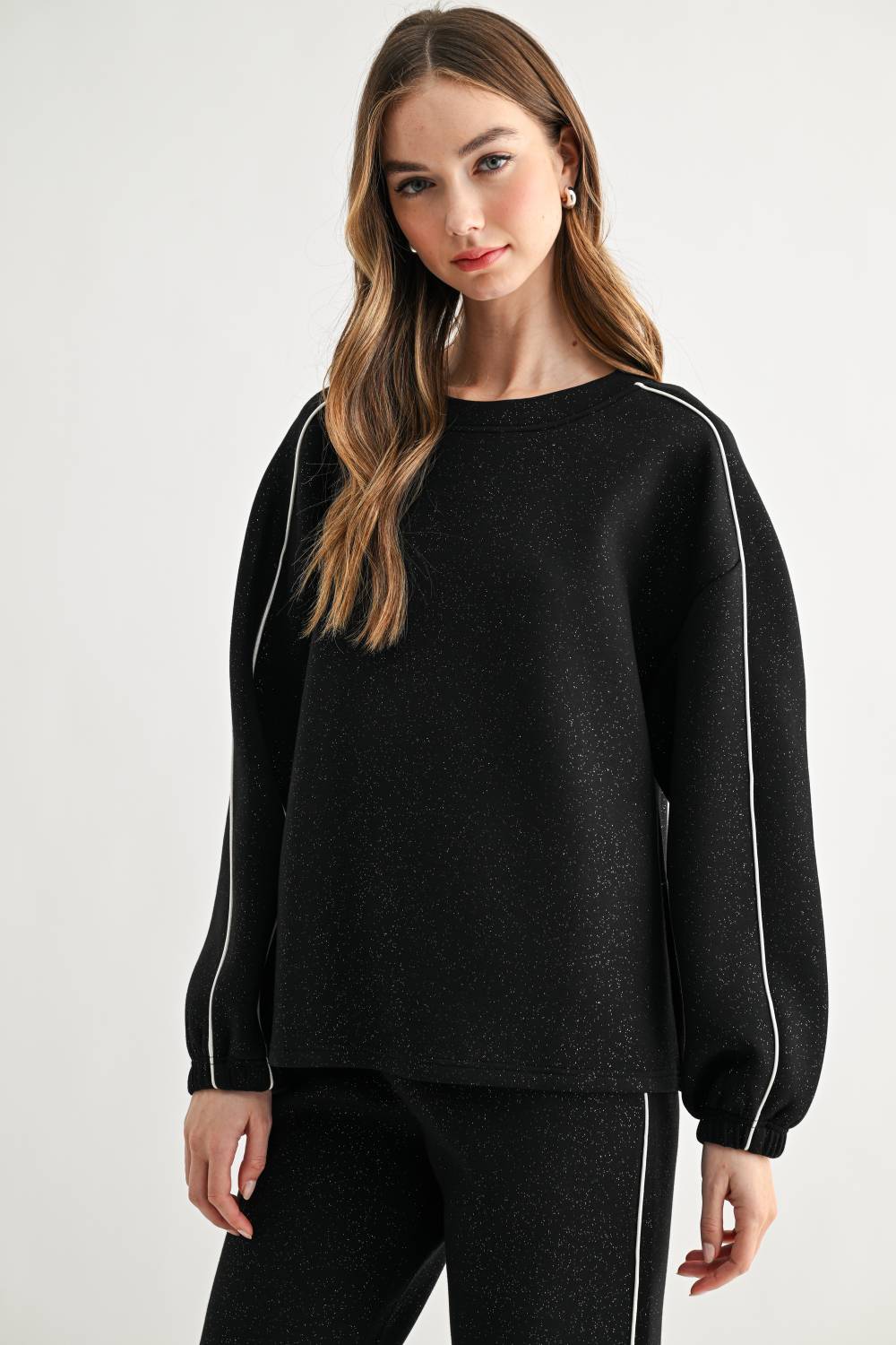 JOH Apparel Floriane Glitter Scuba Knit Long Sleeve Top