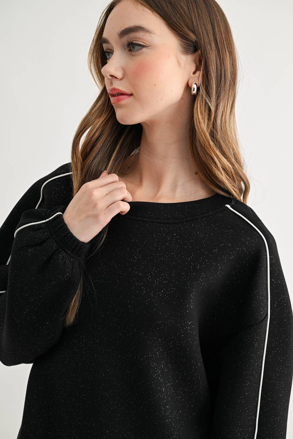 JOH Apparel Floriane Glitter Scuba Knit Long Sleeve Top